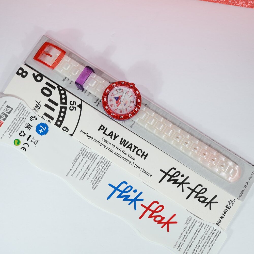 New Kids Swiss Made Swatch Flik Flak Milkita ZFCSP046 Frost White Red 36.70MM